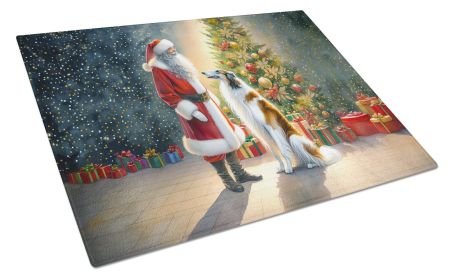 Borzoi and Santa Claus Glass Cutting Board Decorative Tempered Glass Kitchen Cutting and Serving Board Large Size Chopping Board