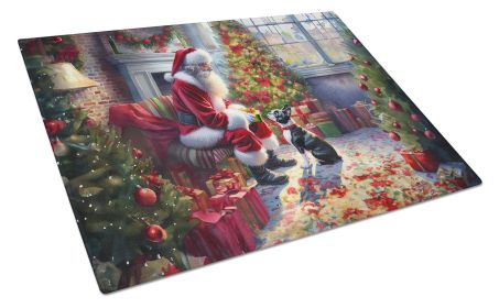 Boston Terrier and Santa Claus Glass Cutting Board Decorative Tempered Glass Kitchen Cutting and Serving Board Large Size Chopping Board
