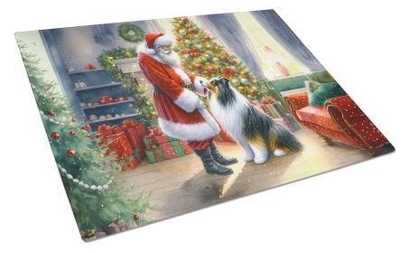 Collie and Santa Claus Glass Cutting Board Decorative Tempered Glass Kitchen Cutting and Serving Board Large Size Chopping Board