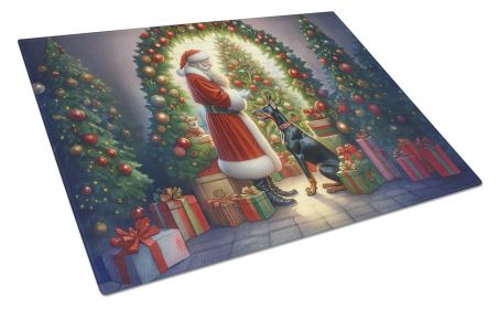 Doberman Pinscher and Santa Claus Glass Cutting Board Decorative Tempered Glass Kitchen Cutting and Serving Board Large Size Chopping Board