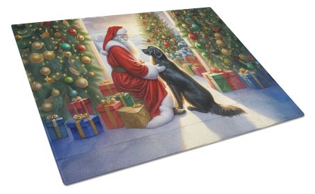 Flat-Coated Retriever and Santa Claus Glass Cutting Board Decorative Tempered Glass Kitchen Cutting and Serving Board Large Size Chopping Board