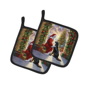 Flat-Coated Retriever and Santa Claus Pair of Pot Holders Kitchen Heat Resistant Pot Holders Sets Oven Hot Pads for Cooking Baking BBQ, 7 1/2 x 7 1/2