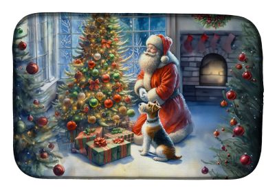 Fox Terrier and Santa Claus Dish Drying Mat Absorbent Dish Drying Mat Pad for Kitchen Counter Dish Drainer Mat for Countertop, 14 x 21, Multicolor