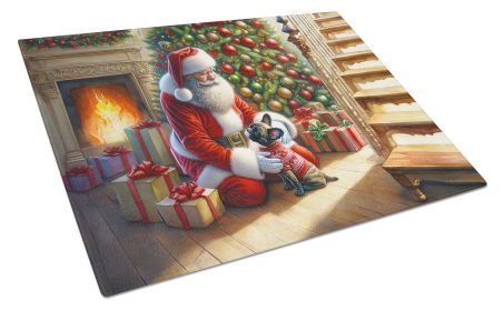 French Bulldog and Santa Claus Glass Cutting Board Decorative Tempered Glass Kitchen Cutting and Serving Board Large Size Chopping Board