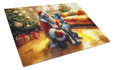 Great Dane and Santa Claus Glass Cutting Board Decorative Tempered Glass Kitchen Cutting and Serving Board Large Size Chopping Board