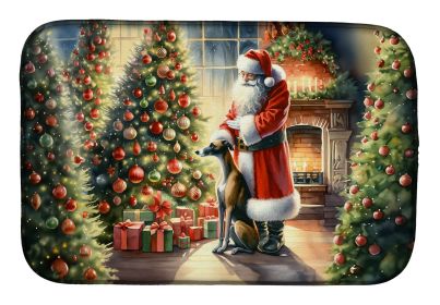 Greyhound and Santa Claus Dish Drying Mat Absorbent Dish Drying Mat Pad for Kitchen Counter Dish Drainer Mat for Countertop, 14 x 21, Multicolor