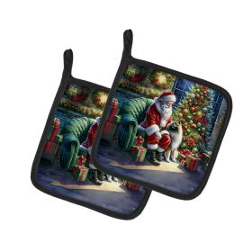 Keeshond and Santa Claus Pair of Pot Holders Kitchen Heat Resistant Pot Holders Sets Oven Hot Pads for Cooking Baking BBQ, 7 1/2 x 7 1/2