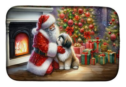 Lhasa Apso and Santa Claus Dish Drying Mat Absorbent Dish Drying Mat Pad for Kitchen Counter Dish Drainer Mat for Countertop, 14 x 21, Multicolor