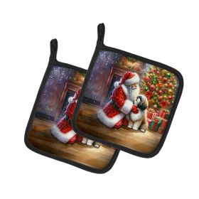 Lhasa Apso and Santa Claus Pair of Pot Holders Kitchen Heat Resistant Pot Holders Sets Oven Hot Pads for Cooking Baking BBQ, 7 1/2 x 7 1/2