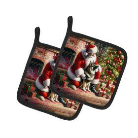 Norwegian Elkhound and Santa Claus Pair of Pot Holders Kitchen Heat Resistant Pot Holders Sets Oven Hot Pads for Cooking Baking BBQ, 7 1/2 x 7 1/2