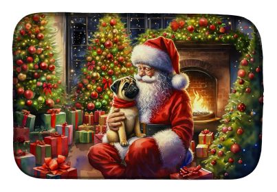 Fawn Pug and Santa Claus Dish Drying Mat Absorbent Dish Drying Mat Pad for Kitchen Counter Dish Drainer Mat for Countertop, 14 x 21, Multicolor