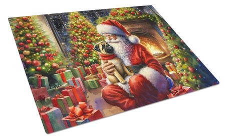 Fawn Pug and Santa Claus Glass Cutting Board Decorative Tempered Glass Kitchen Cutting and Serving Board Large Size Chopping Board