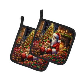 Fawn Pug and Santa Claus Pair of Pot Holders Kitchen Heat Resistant Pot Holders Sets Oven Hot Pads for Cooking Baking BBQ, 7 1/2 x 7 1/2