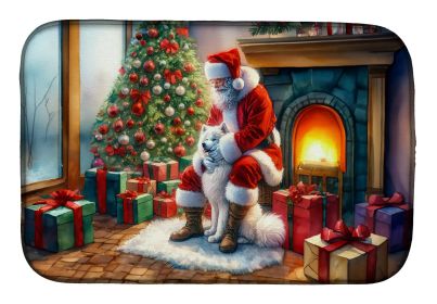 Samoyed and Santa Claus Dish Drying Mat Absorbent Dish Drying Mat Pad for Kitchen Counter Dish Drainer Mat for Countertop, 14 x 21, Multicolor