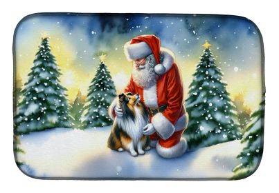 Sheltie and Santa Claus Dish Drying Mat Absorbent Dish Drying Mat Pad for Kitchen Counter Dish Drainer Mat for Countertop, 14 x 21, Multicolor