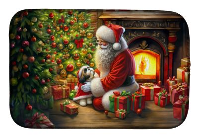 Shih Tzu and Santa Claus Dish Drying Mat Absorbent Dish Drying Mat Pad for Kitchen Counter Dish Drainer Mat for Countertop, 14 x 21, Multicolor