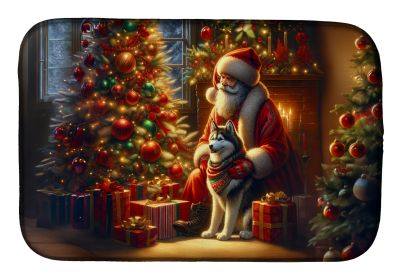 Siberian Husky and Santa Claus Dish Drying Mat Absorbent Dish Drying Mat Pad for Kitchen Counter Dish Drainer Mat for Countertop, 14 x 21, Multicolor