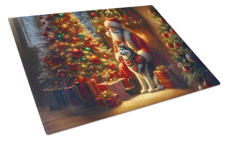 Siberian Husky and Santa Claus Glass Cutting Board Decorative Tempered Glass Kitchen Cutting and Serving Board Large Size Chopping Board