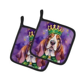 Basset Hound King of Mardi Gras Pair of Pot Holders Kitchen Heat Resistant Pot Holders Sets Oven Hot Pads for Cooking Baking BBQ, 7 1/2 x 7 1/2