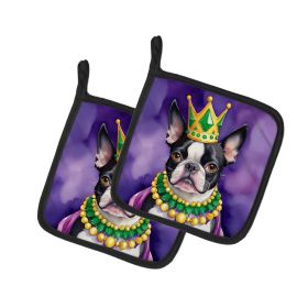 Boston Terrier King of Mardi Gras Pair of Pot Holders Kitchen Heat Resistant Pot Holders Sets Oven Hot Pads for Cooking Baking BBQ, 7 1/2 x 7 1/2