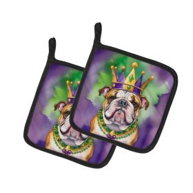 English Bulldog King of Mardi Gras Pair of Pot Holders Kitchen Heat Resistant Pot Holders Sets Oven Hot Pads for Cooking Baking BBQ, 7 1/2 x 7 1/2