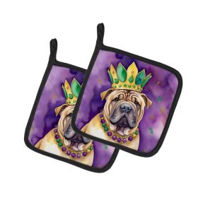 Shar Pei King of Mardi Gras Pair of Pot Holders Kitchen Heat Resistant Pot Holders Sets Oven Hot Pads for Cooking Baking BBQ, 7 1/2 x 7 1/2