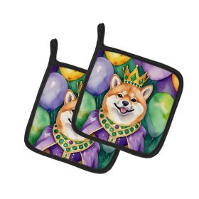 Shiba Inu King of Mardi Gras Pair of Pot Holders Kitchen Heat Resistant Pot Holders Sets Oven Hot Pads for Cooking Baking BBQ, 7 1/2 x 7 1/2