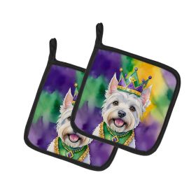 Westie King of Mardi Gras Pair of Pot Holders Kitchen Heat Resistant Pot Holders Sets Oven Hot Pads for Cooking Baking BBQ, 7 1/2 x 7 1/2