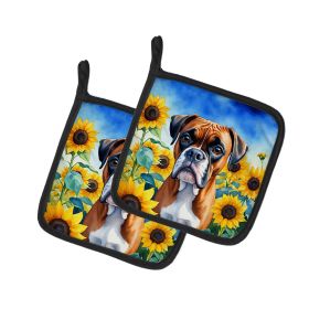 Boxer in Sunflowers Pair of Pot Holders Kitchen Heat Resistant Pot Holders Sets Oven Hot Pads for Cooking Baking BBQ, 7 1/2 x 7 1/2
