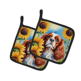 Cavalier Spaniel in Sunflowers Pair of Pot Holders Kitchen Heat Resistant Pot Holders Sets Oven Hot Pads for Cooking Baking BBQ, 7 1/2 x 7 1/2