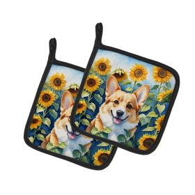 Corgi in Sunflowers Pair of Pot Holders Kitchen Heat Resistant Pot Holders Sets Oven Hot Pads for Cooking Baking BBQ, 7 1/2 x 7 1/2