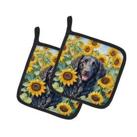 Curly-Coated Retriever in Sunflowers Pair of Pot Holders Kitchen Heat Resistant Pot Holders Sets Oven Hot Pads for Cooking Baking BBQ, 7 1/2 x 7 1/2