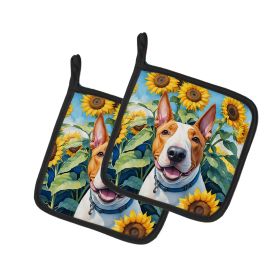 English Bull Terrier in Sunflowers Pair of Pot Holders Kitchen Heat Resistant Pot Holders Sets Oven Hot Pads for Cooking Baking BBQ, 7 1/2 x 7 1/2