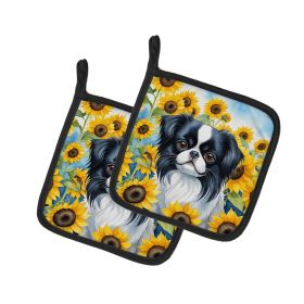 Japanese Chin in Sunflowers Pair of Pot Holders Kitchen Heat Resistant Pot Holders Sets Oven Hot Pads for Cooking Baking BBQ, 7 1/2 x 7 1/2