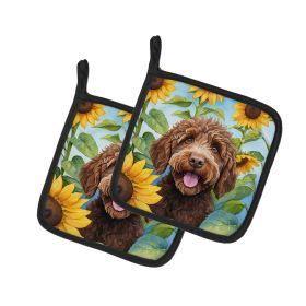 Labradoodle in Sunflowers Pair of Pot Holders Kitchen Heat Resistant Pot Holders Sets Oven Hot Pads for Cooking Baking BBQ, 7 1/2 x 7 1/2