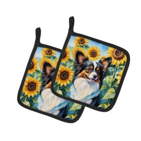Papillon in Sunflowers Pair of Pot Holders Kitchen Heat Resistant Pot Holders Sets Oven Hot Pads for Cooking Baking BBQ, 7 1/2 x 7 1/2