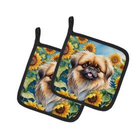 Pekingese in Sunflowers Pair of Pot Holders Kitchen Heat Resistant Pot Holders Sets Oven Hot Pads for Cooking Baking BBQ, 7 1/2 x 7 1/2