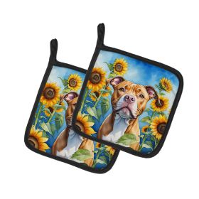 Pit Bull Terrier in Sunflowers Pair of Pot Holders Kitchen Heat Resistant Pot Holders Sets Oven Hot Pads for Cooking Baking BBQ, 7 1/2 x 7 1/2