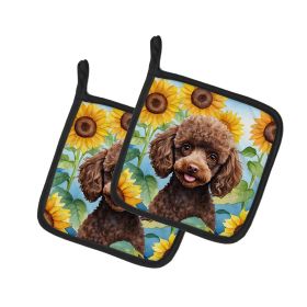 Chocolate Poodle in Sunflowers Pair of Pot Holders Kitchen Heat Resistant Pot Holders Sets Oven Hot Pads for Cooking Baking BBQ, 7 1/2 x 7 1/2