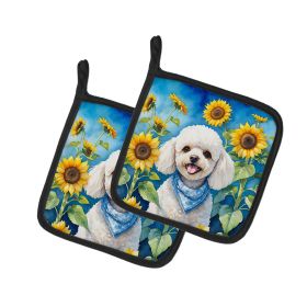 White Poodle in Sunflowers Pair of Pot Holders Kitchen Heat Resistant Pot Holders Sets Oven Hot Pads for Cooking Baking BBQ, 7 1/2 x 7 1/2