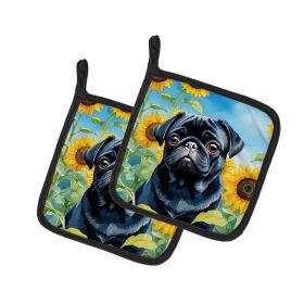 Pug in Sunflowers Pair of Pot Holders Kitchen Heat Resistant Pot Holders Sets Oven Hot Pads for Cooking Baking BBQ, 7 1/2 x 7 1/2