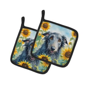 Scottish Deerhound in Sunflowers Pair of Pot Holders Kitchen Heat Resistant Pot Holders Sets Oven Hot Pads for Cooking Baking BBQ, 7 1/2 x 7 1/2