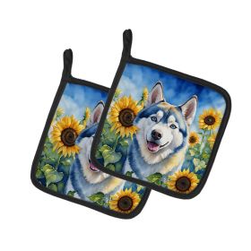 Siberian Husky in Sunflowers Pair of Pot Holders Kitchen Heat Resistant Pot Holders Sets Oven Hot Pads for Cooking Baking BBQ, 7 1/2 x 7 1/2