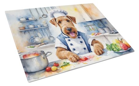 Airedale Terrier The Chef Glass Cutting Board Decorative Tempered Glass Kitchen Cutting and Serving Board Large Size Chopping Board