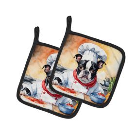 Boston Terrier The Chef Pair of Pot Holders Kitchen Heat Resistant Pot Holders Sets Oven Hot Pads for Cooking Baking BBQ, 7 1/2 x 7 1/2