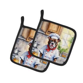 Staffordshire Bull Terrier The Chef Pair of Pot Holders Kitchen Heat Resistant Pot Holders Sets Oven Hot Pads for Cooking Baking BBQ, 7 1/2 x 7 1/2