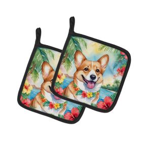 Corgi Luau Pair of Pot Holders Kitchen Heat Resistant Pot Holders Sets Oven Hot Pads for Cooking Baking BBQ, 7 1/2 x 7 1/2