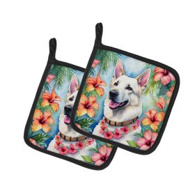 White German Shepherd Luau Pair of Pot Holders Kitchen Heat Resistant Pot Holders Sets Oven Hot Pads for Cooking Baking BBQ, 7 1/2 x 7 1/2