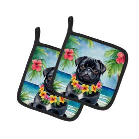 Black Pug Luau Pair of Pot Holders Kitchen Heat Resistant Pot Holders Sets Oven Hot Pads for Cooking Baking BBQ, 7 1/2 x 7 1/2