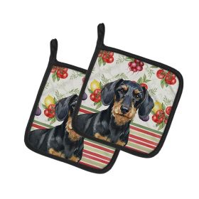 Wirehaired Black and Tan Dachshund Vegetables Pair of Pot Holders Pair 7.5x7.5 Quilted Insulated Hot Pads Decorative Kitchen Gift Made in USA
